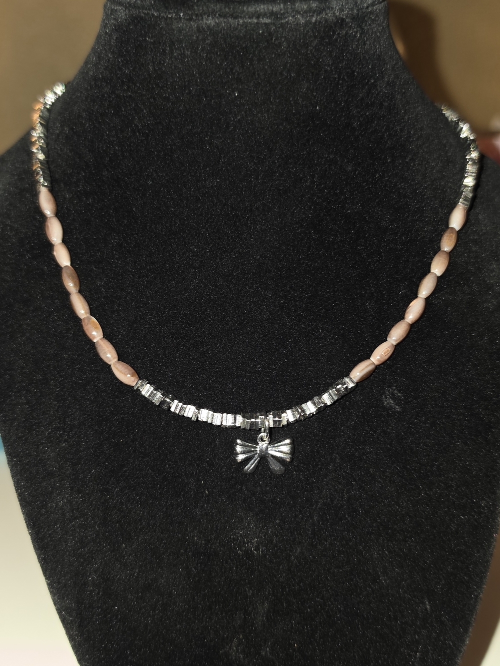 Bow Pendant Beaded Necklace in Peach and Silver